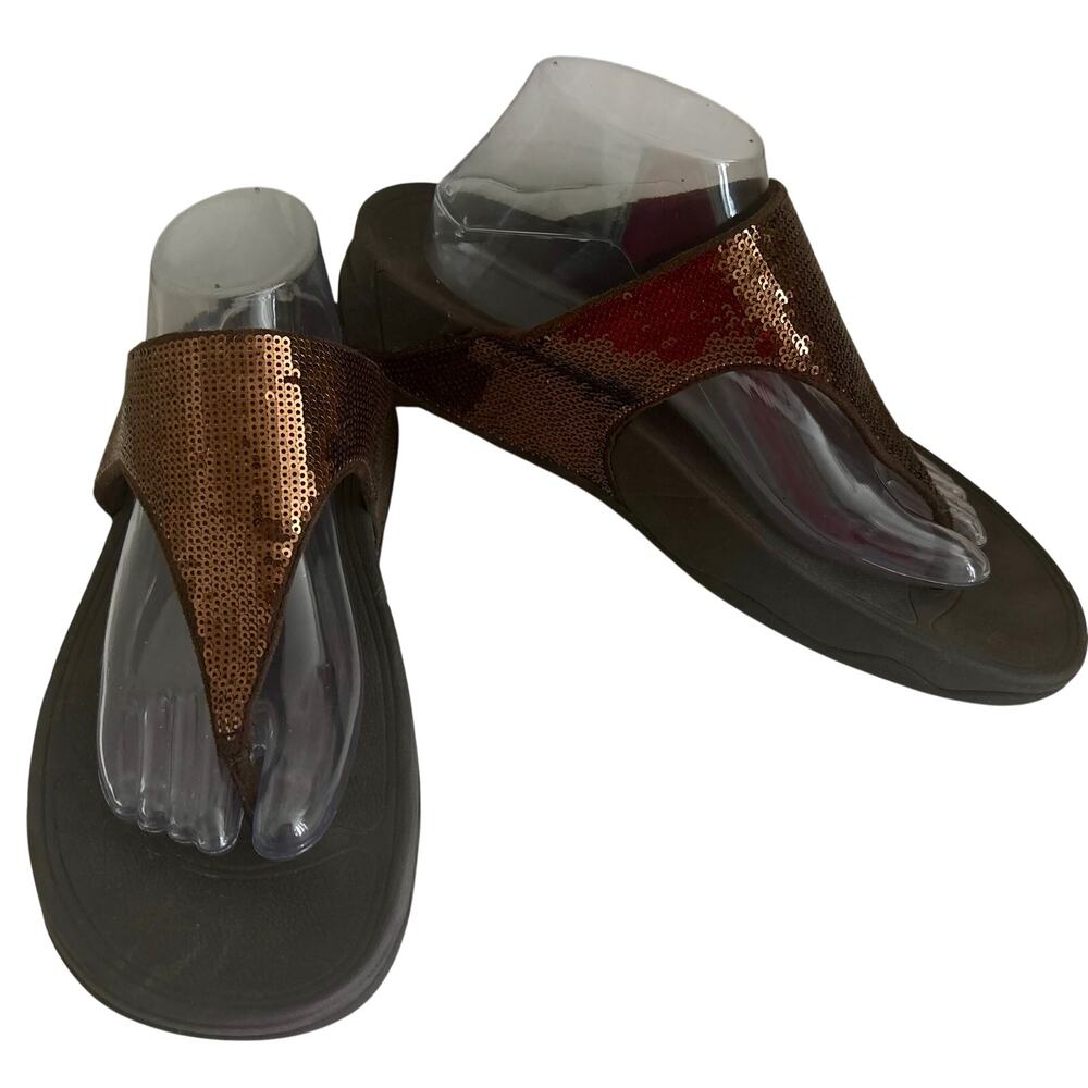 FitFlop Bronze Sequined Sparkle Wedge Thong Sandals Comfort Slides Slip On 11
